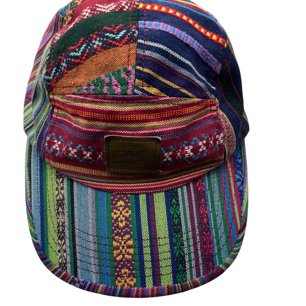 Obey Propaganda Mens Patchwork 5 Panel Camper Hat Multi Color Woven Strapback